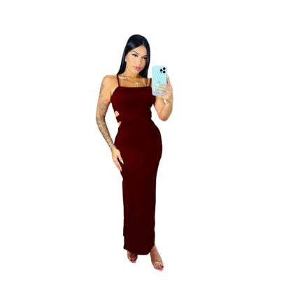 Vestido Feminino Canelado Longo de Alcinha Com Fendas