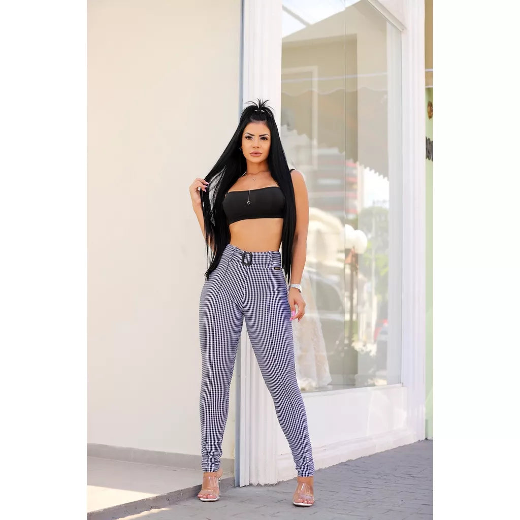 Calça Feminina Com Cinto Tecido Jacquard Xadrez cintura alta