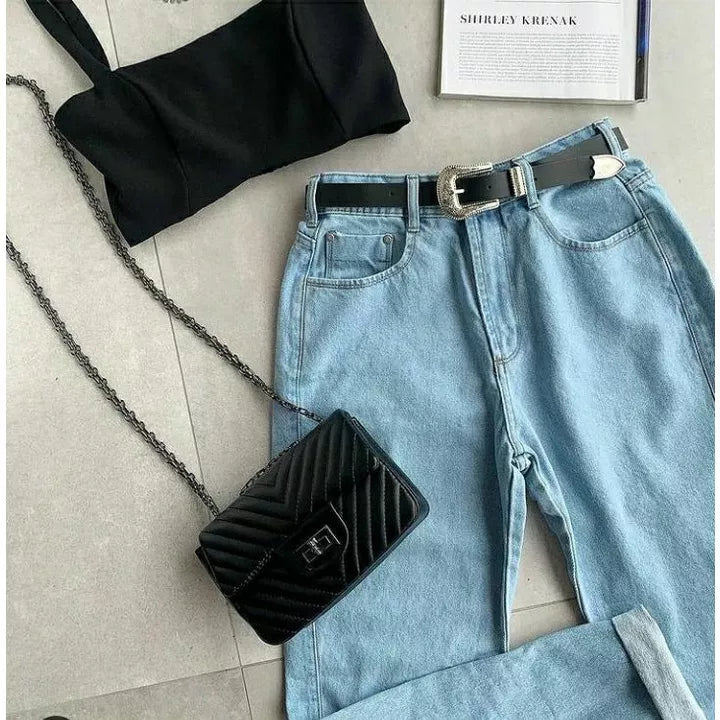 Calça mom jeans cintura alta feminina calça vintage barrinha dobrada