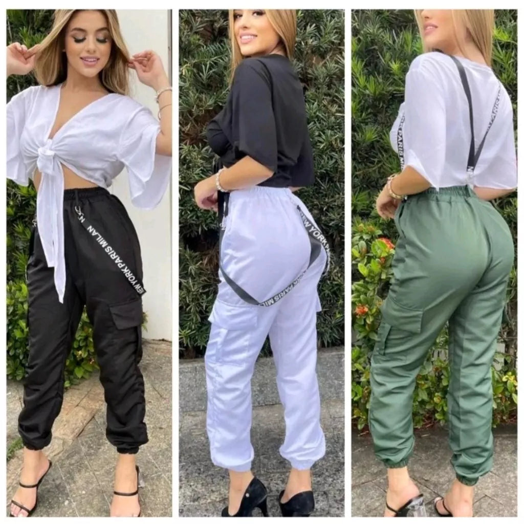 Calça Jogger Cargo Feminina Tactel com suspensório e bolsos Laterais