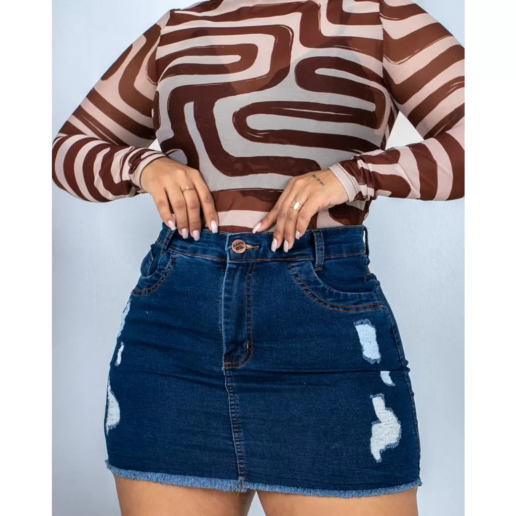 Saia jeans Plus Size Hot-Paint C/ Laycra Desfiado