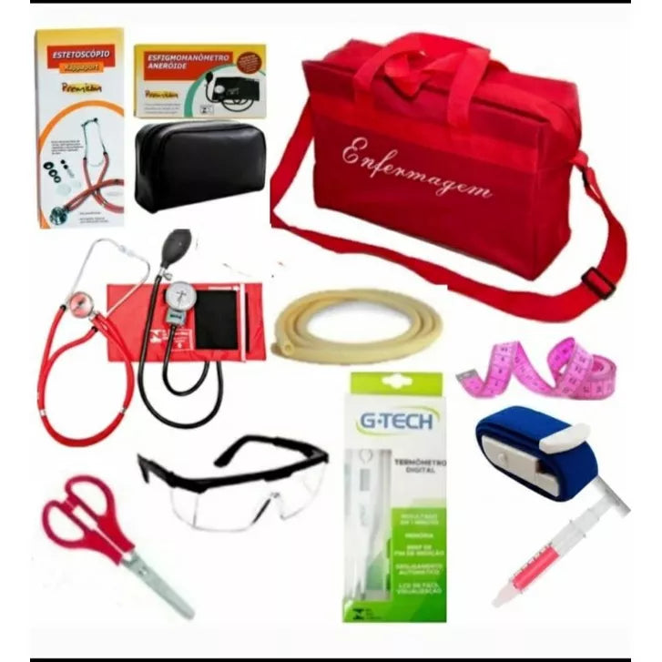Kit Luxo de Enfermagem 10 itens C/ Estetoscópio Duplo Rappaport/ Esfigmomanômetro PREMIUM