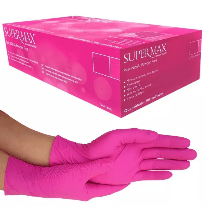 Luva Nitrilica Rosa Pink Sem Pó Sem talco caixa C/100 Supermax