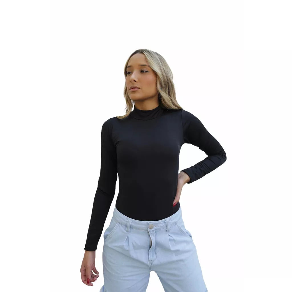 Blusa Body Bori Feminino Manga Longa Liso Gola Alta Moda Feminina Casual
