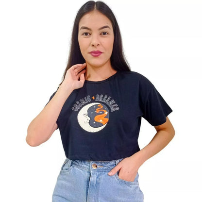 Camiseta T-shirt Cropped Oversized Estampado Moda Gringa Algodão