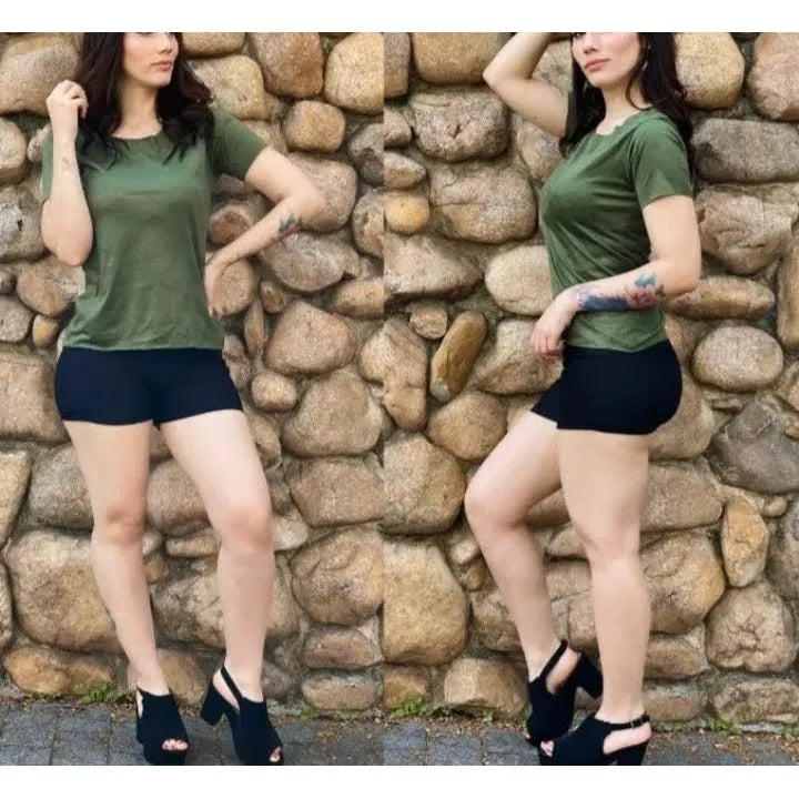Blusa Suede T-shirt Manga Curta aveludada Feminina Corte à Laser