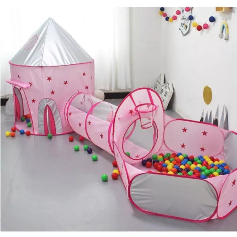 Tenda Toca Barraca Infantil Tunel 3x1com Piscina para Bolinhas Princesas Astronaltas com  Cesta Basquete Playground Brinquedo
