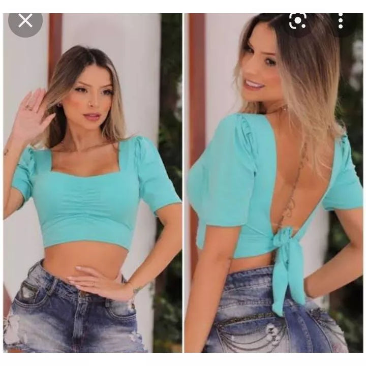 Blusa cropped drapeado detalhe amarraçao nas costas