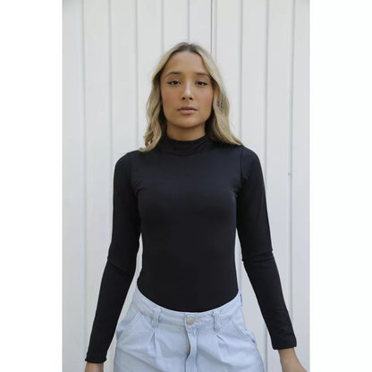 Blusa Body Bori Feminino Manga Longa Liso Gola Alta Moda Feminina Casual