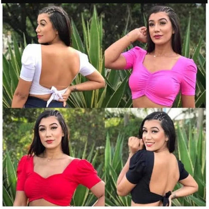 Blusa cropped drapeado detalhe amarraçao nas costas