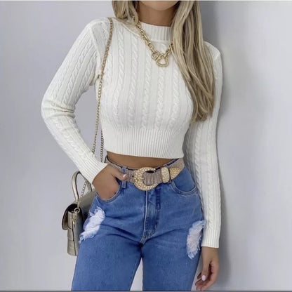 Blusa de frio tricô cropped feminina manga longa