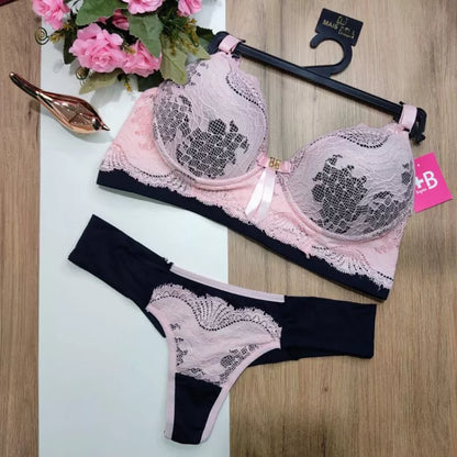 Conjunto Lingerie Renda/Rendado Bicolor Com Calcinha Fio Duplo - Moda Íntima