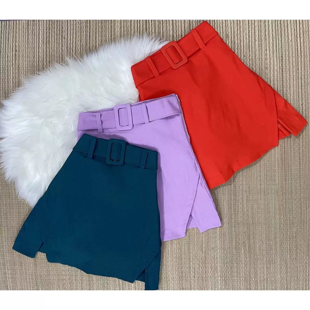 Short Saia Cintura Alta Bengaline Fenda Lateral Cores Moda