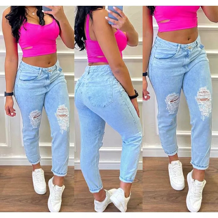 Calça mom jeans cintura alta feminina calça vintage barrinha dobrada