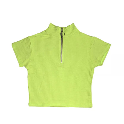 Cropped Feminino Canelado Com Zíper Manga Curta Moda Blogueira Verão