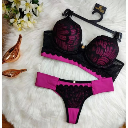 Conjunto Lingerie Renda/Rendado Bicolor Com Calcinha Fio Duplo - Moda Íntima