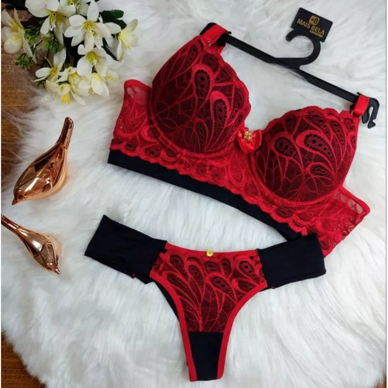 Conjunto Lingerie Renda/Rendado Bicolor Com Calcinha Fio Duplo - Moda Íntima