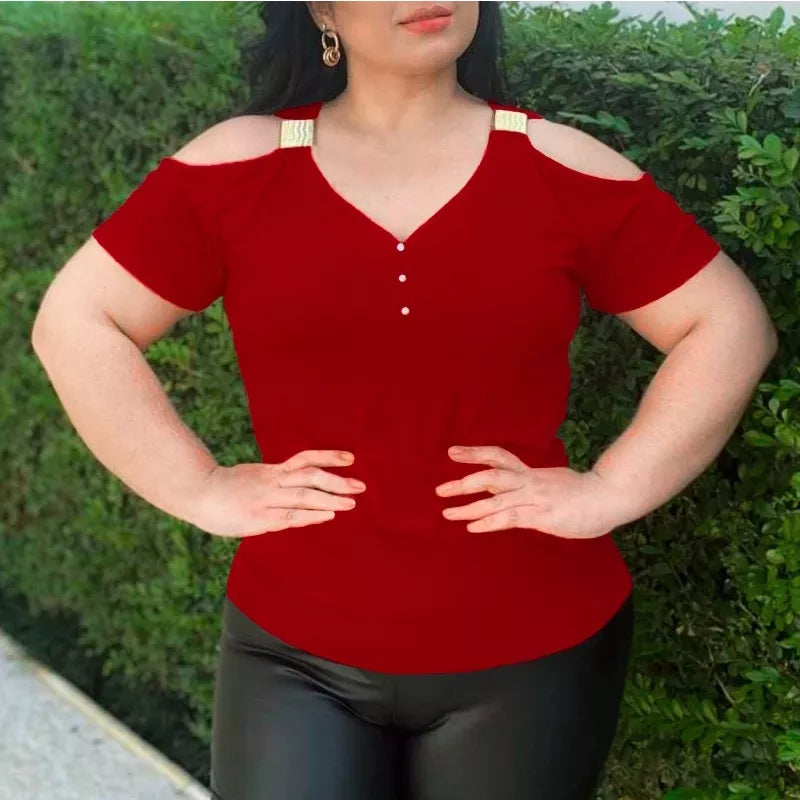 Blusa Feminina Básica Lisa com Fivela no Ombro Vazado (Ombro Fora) - Manga Curta para Primavera e Verão Viscolycra Moda - Roupas Femininas