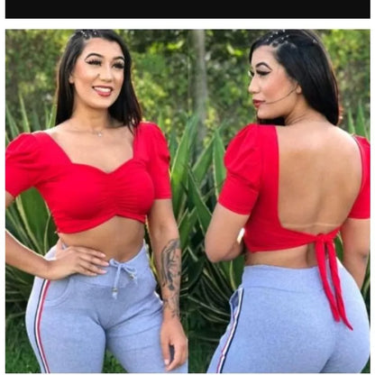 Blusa cropped drapeado detalhe amarraçao nas costas