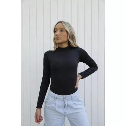 Blusa Body Bori Feminino Manga Longa Liso Gola Alta Moda Feminina Casual