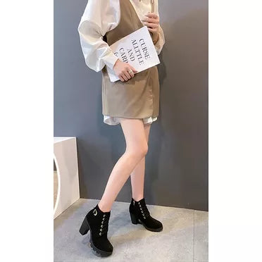 Moda Feminina Salto Alto Lace Up Side Zipper Buckle Ankle Boots De Camurça Sapatos