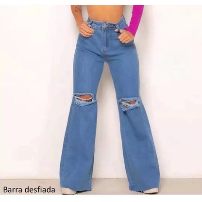 Calça Jeans Rasgada Feminina Pantalona Sem Lycra Wide Leg Calça Cintura Alta