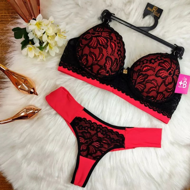 Conjunto Lingerie Renda/Rendado Bicolor Com Calcinha Fio Duplo - Moda Íntima