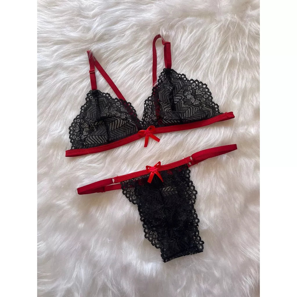 Conjunto de Lingerie Em Renda Sutiã Sem Bojo Calcinha De Regulagem