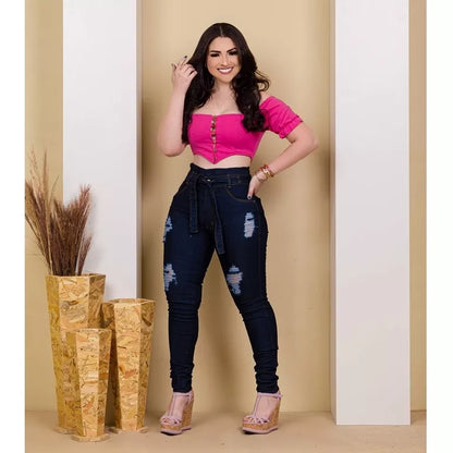Calça Jeans Feminina Cintura Alta com Lycra Levanta Bumbum Skinny Jeans Preto