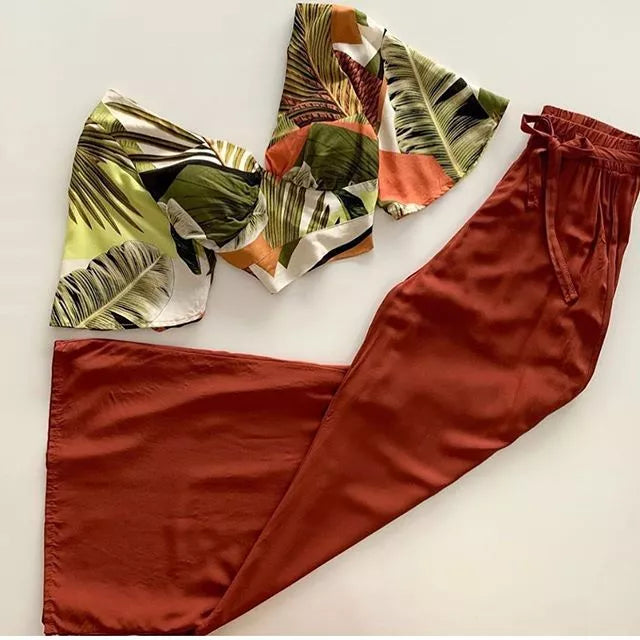 Calça Feminina Pantalona Cintura Alta Bolsos Forro Cinto Viscolinho