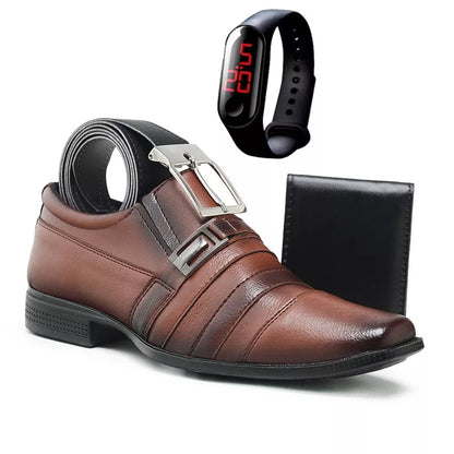 Kit Sapato Masculino Social Elegante Confortável com Relógio Carteira e Cinto