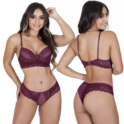 Conjunto com Bojo Bella Sutiã Calcinha Lingerie Fio Dental Sexy Sensual Renda