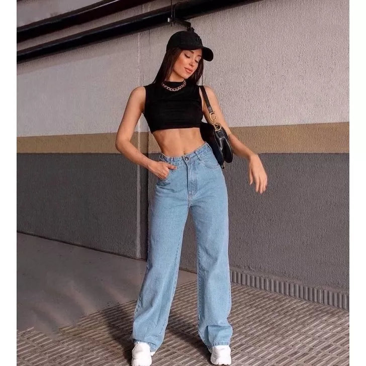 Calça Jeans Wide Leg Feminina Pantalona Sem Lycra Calça Cintura Alta 2022