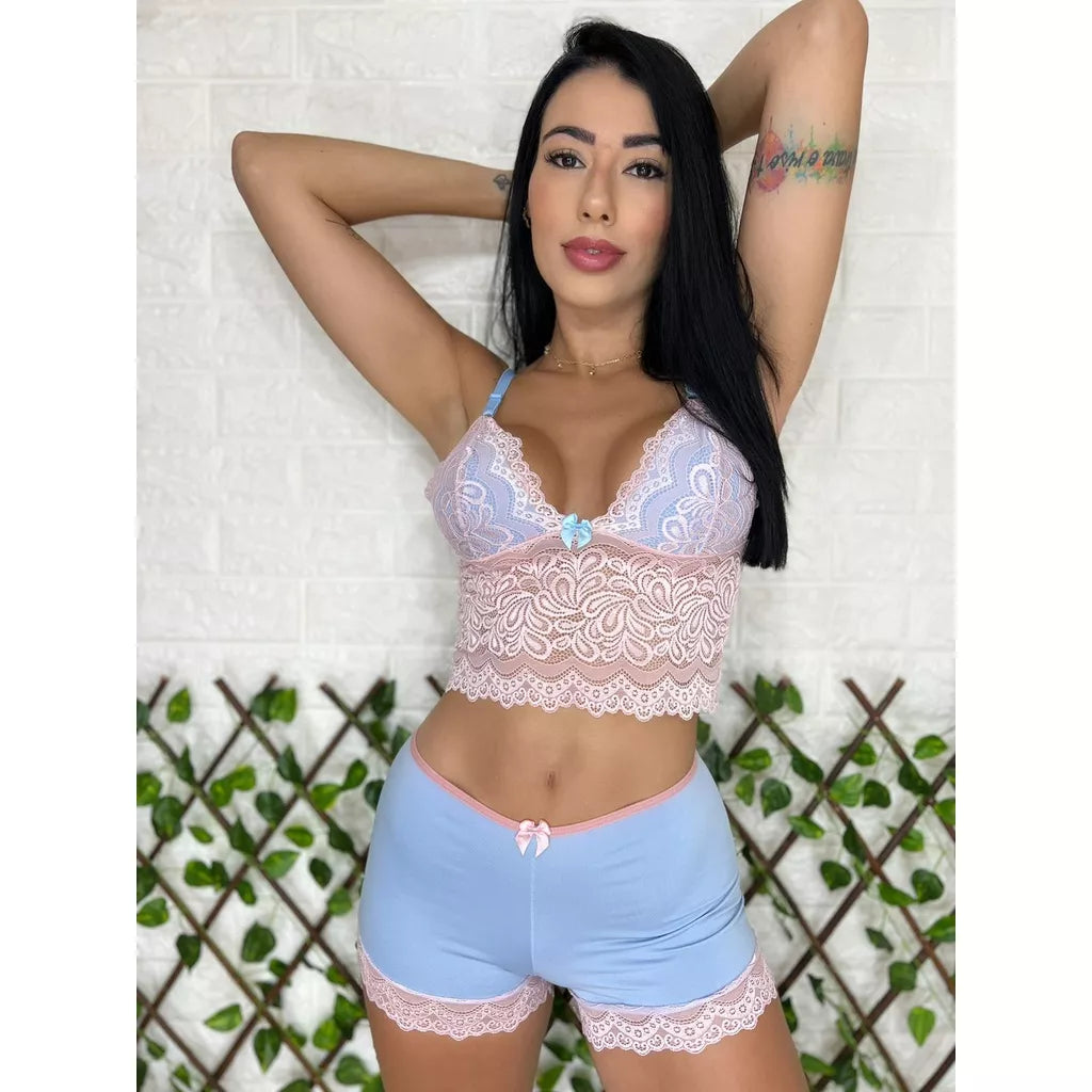 Baby Doll sexy neon renda feminino lingerie