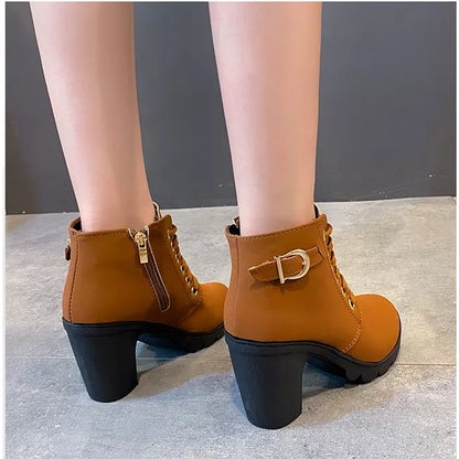 Moda Feminina Salto Alto Lace Up Side Zipper Buckle Ankle Boots De Camurça Sapatos