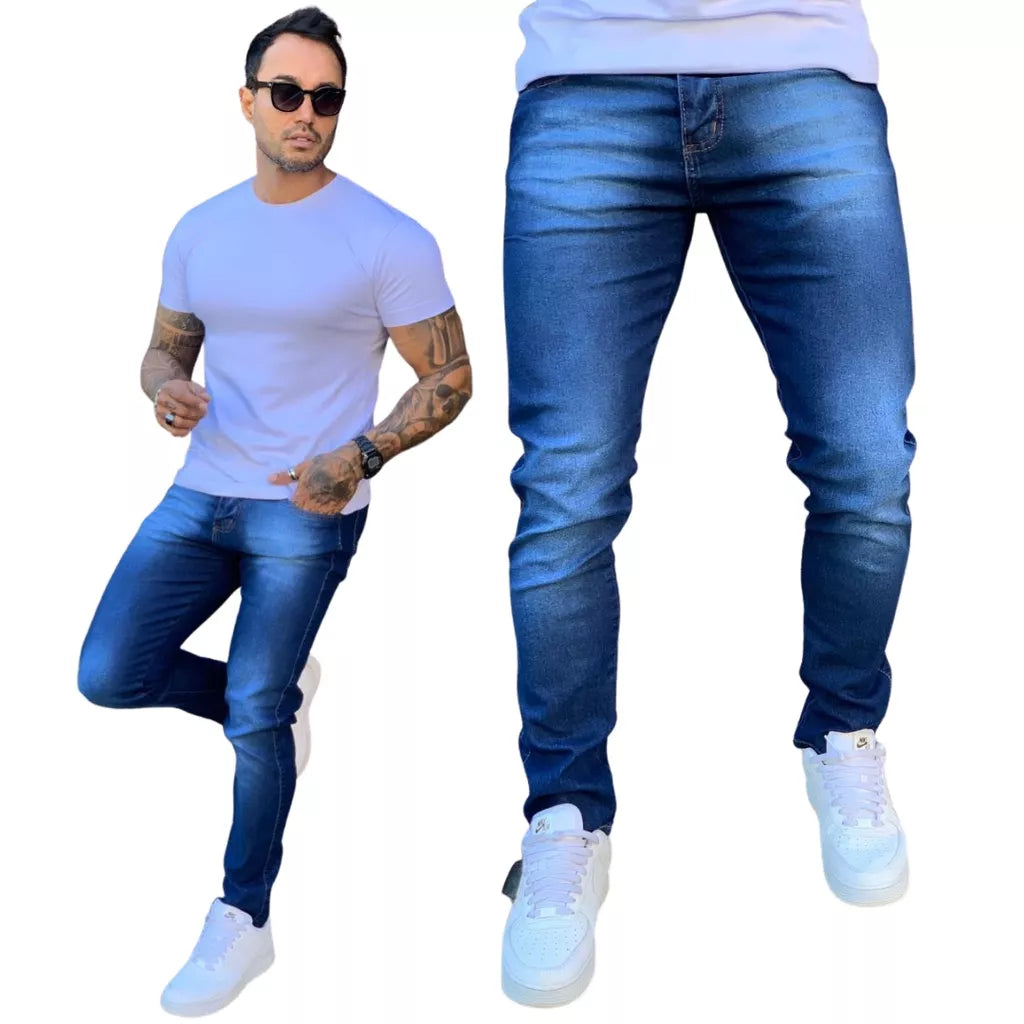 Calça Jeans Skinny Com Ziper Lycra Elastano Masculina Nova Tendencia