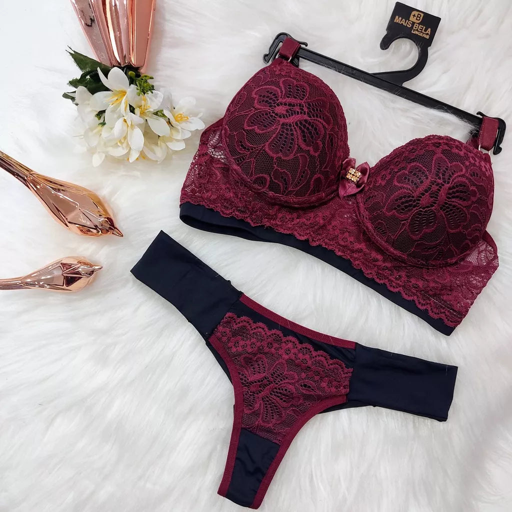 Conjunto Lingerie Renda/Rendado Bicolor Com Calcinha Fio Duplo - Moda Íntima