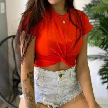 Blusa cropped nozinho manga curta tecido viscolaycra feminino