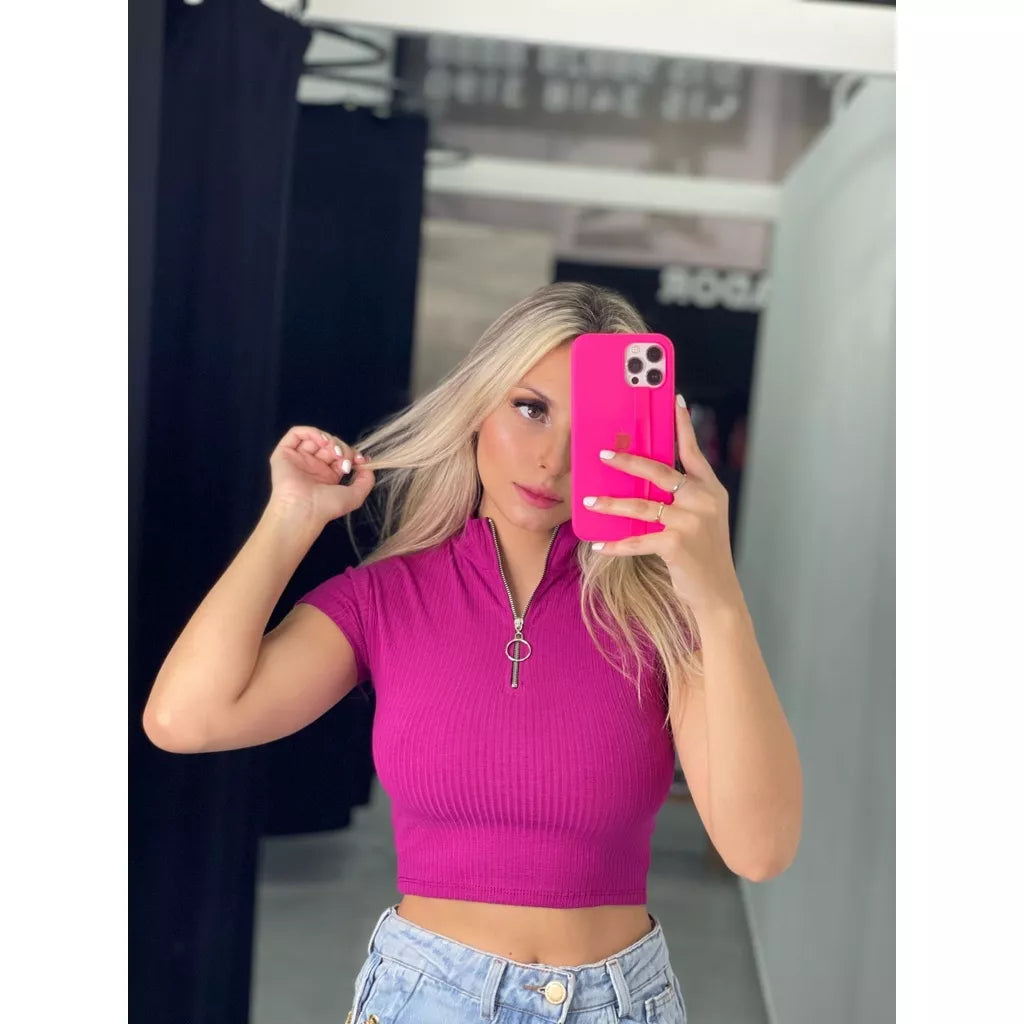 Cropped Feminino Canelado Com Zíper Manga Curta Moda Blogueira Verão