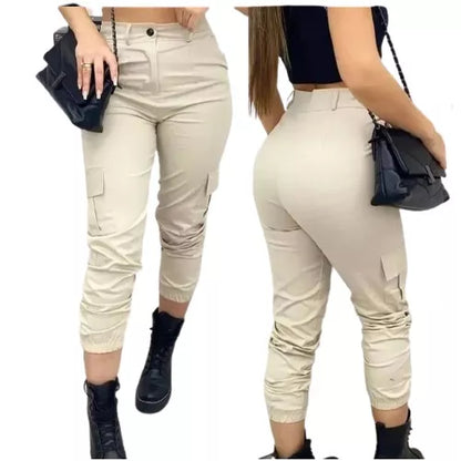 Calça Feminina Jogger Cargo Sarja Com Bolso Moda Blogueira Tendência