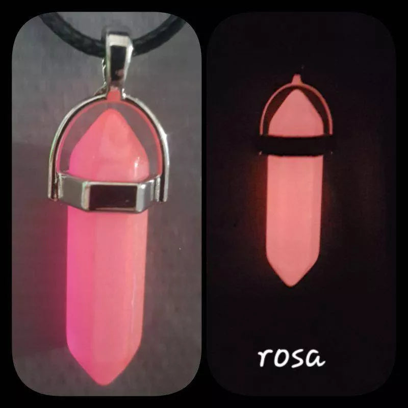 Colar de pedra hexagonal fluorescente luminosa, colar com pingente de couro, de cristal natural brilhante no escuro, pedra de bala