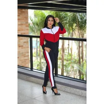 Conjunto malha crepe manga longa ziper e bolso feminino