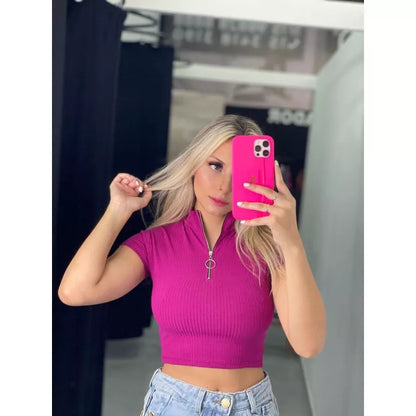 Cropped Feminino Canelado Com Zíper Manga Curta Moda Blogueira Verão