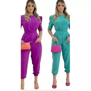 Macacão Longo Feminino com Cinto manga princesa