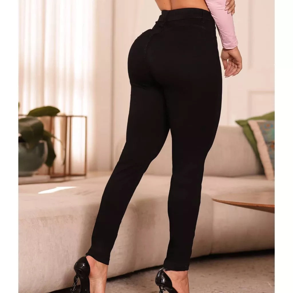 Calça Jeans Skinny Preta Cintura Alta Levanta Bumbum