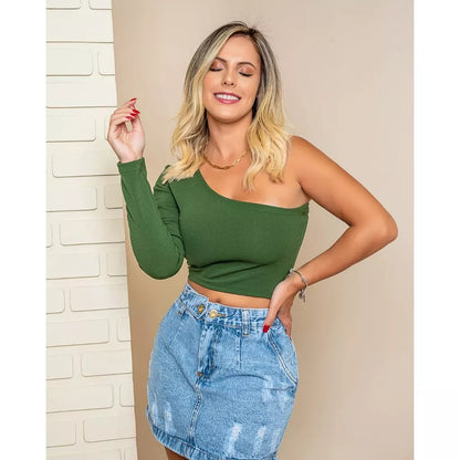 saia jeans com botoes encapados