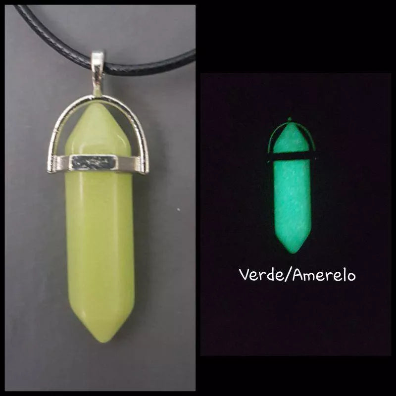 Colar de pedra hexagonal fluorescente luminosa, colar com pingente de couro, de cristal natural brilhante no escuro, pedra de bala