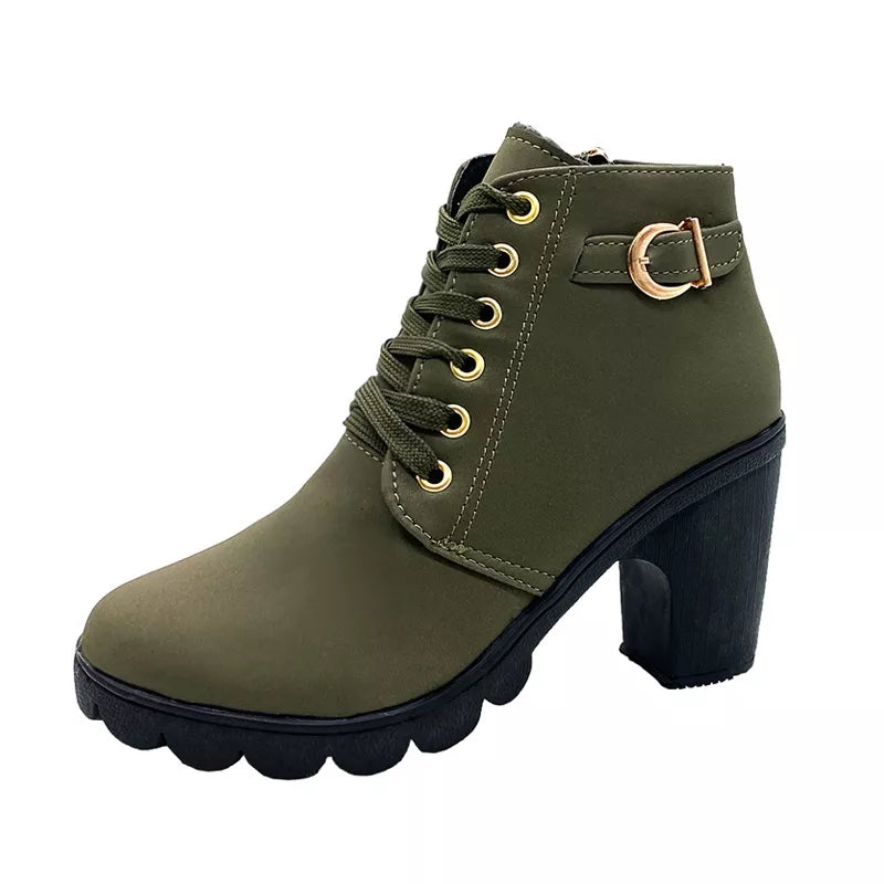 Moda Feminina Salto Alto Lace Up Side Zipper Buckle Ankle Boots De Camurça Sapatos