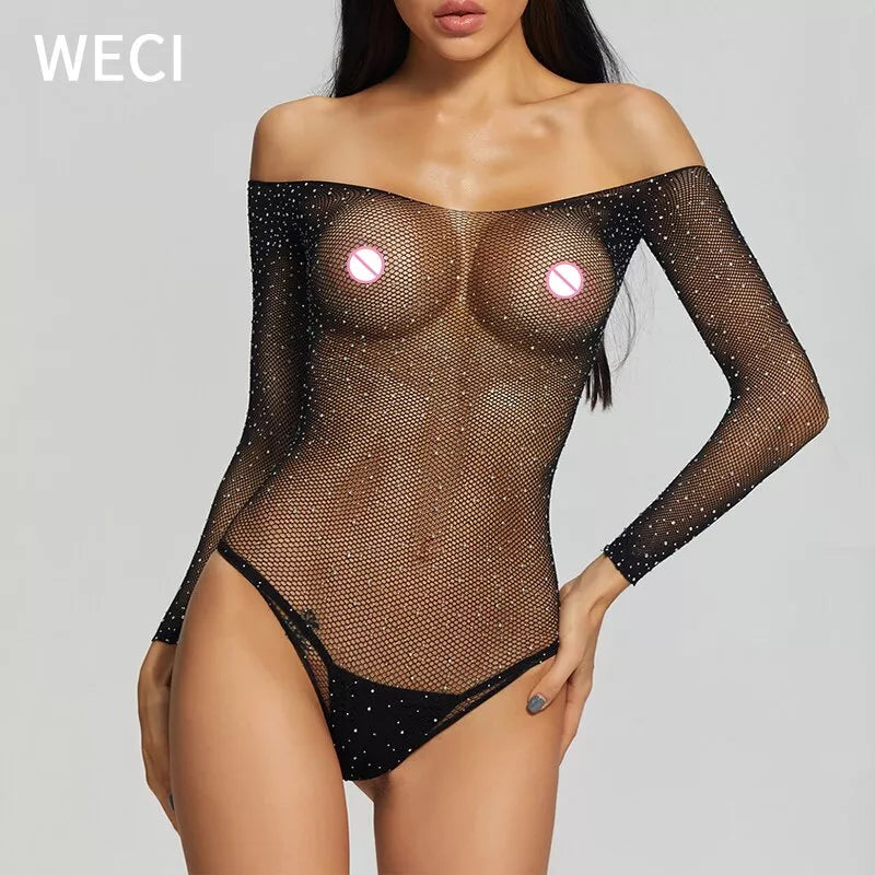 Roupa Íntima Feminina/Body Sexy De Malha Metálica Com Strass Brilhante E Bonita/lingerie
