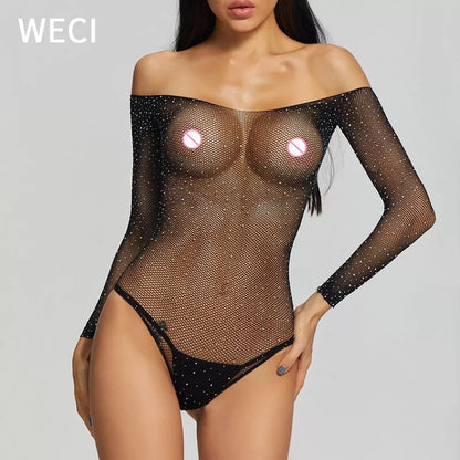 Roupa Íntima Feminina/Body Sexy De Malha Metálica Com Strass Brilhante E Bonita/lingerie